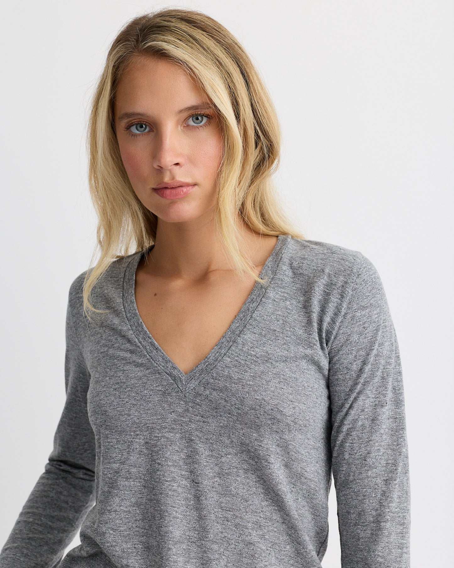 Textured Tri-Blend Fitted Long Sleeve V Neck Tee