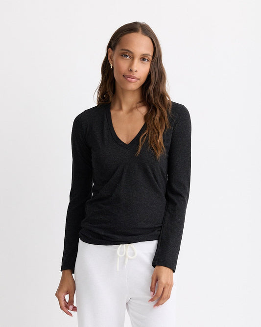 Textured Tri-Blend Fitted Long Sleeve V Neck Tee