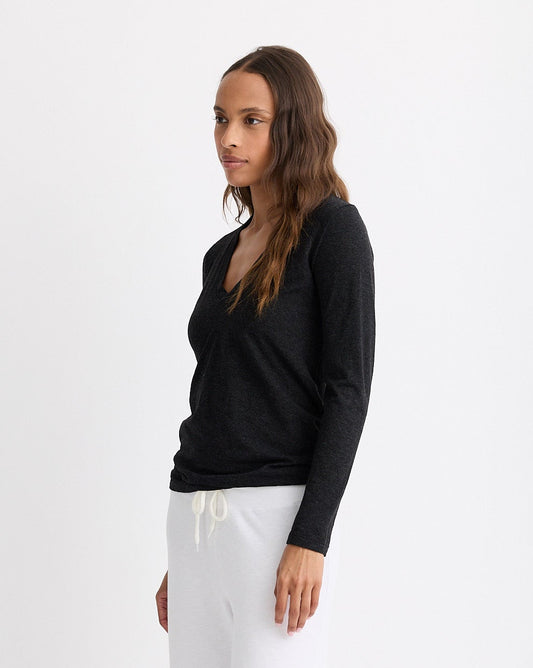Textured Tri-Blend Fitted Long Sleeve V Neck Tee