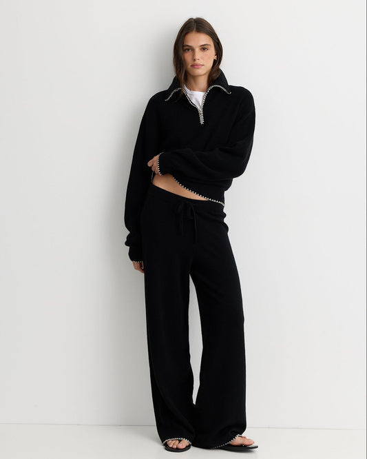 Wool Cashmere Wide Leg Blanket Stitch Sweatpant