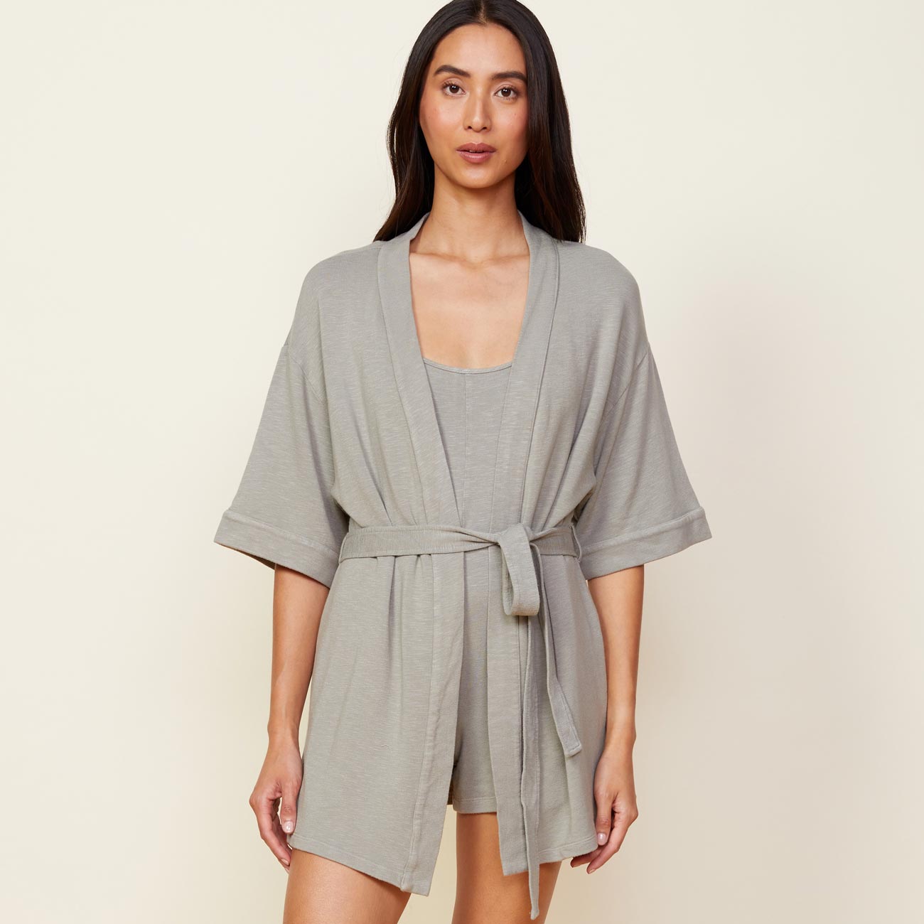 Front view of model wearing the supersoft robe in green tea.