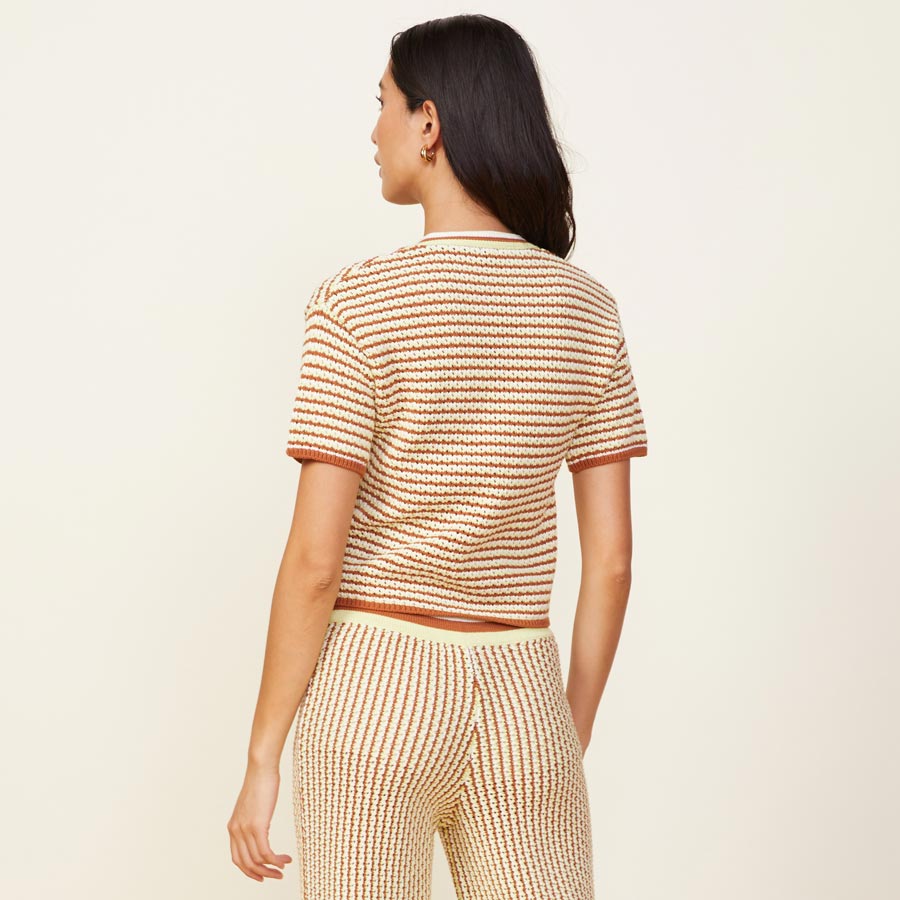 Back view of model wearing the crochet sweater short sleeve button top.