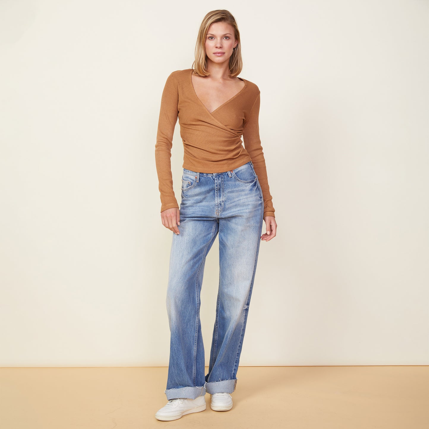 Rib Long Sleeve Wrap Top