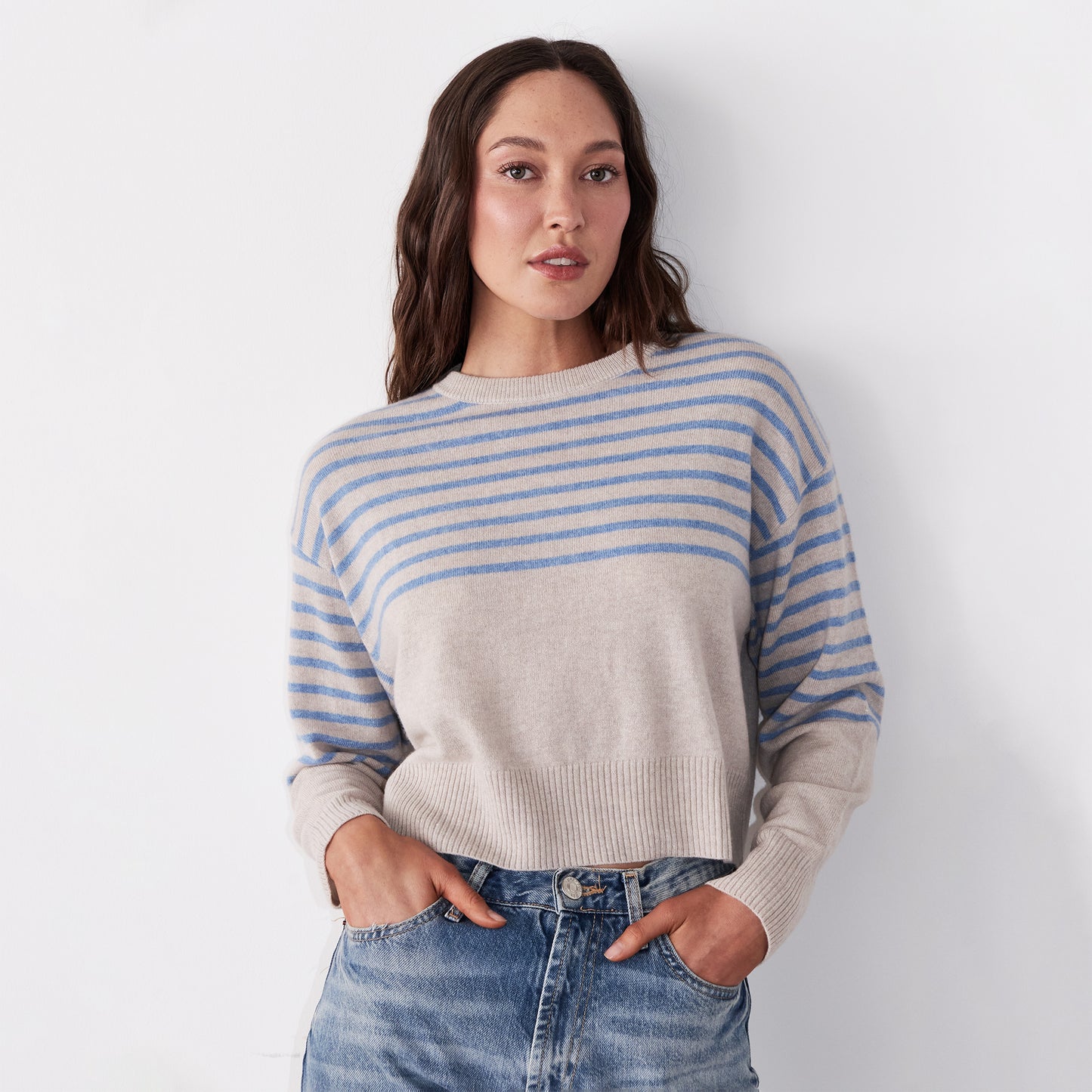 Wool Cashmere Stripe Crew Neck Sweater