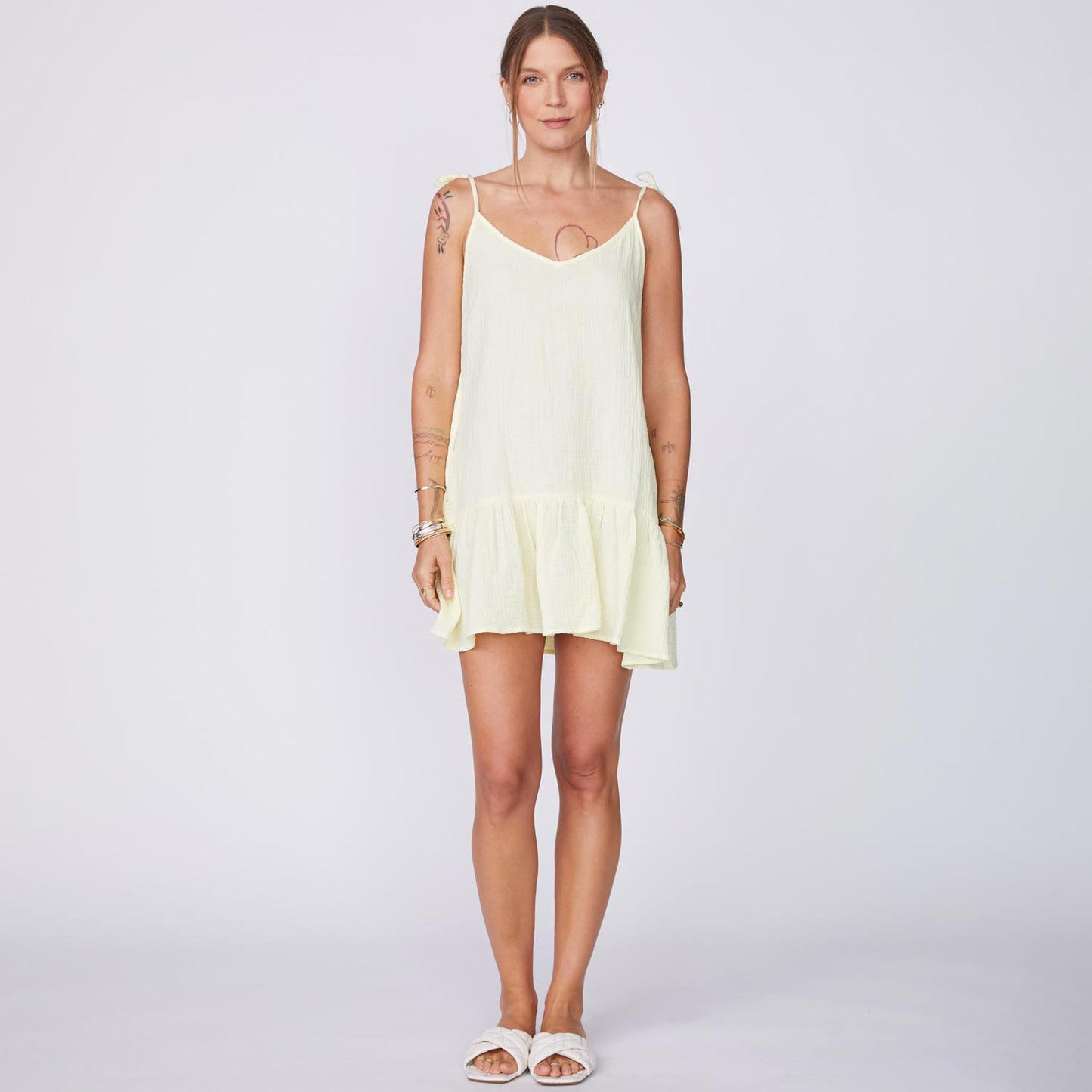 Front View of Model wearing the Gauze Sleeveless Easy Dress in Lemon