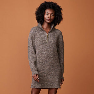 Front view of model wearing the marled half zip sweater dress in black sesame.