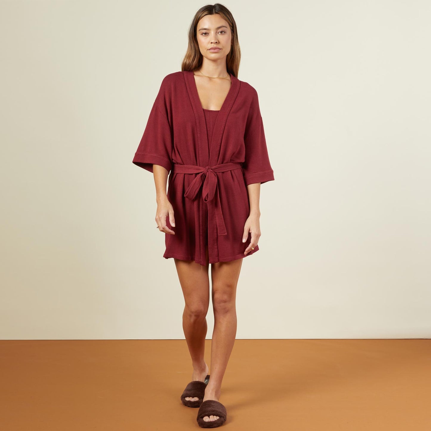 Front view of model wearing the supersoft robe in rhubarb.