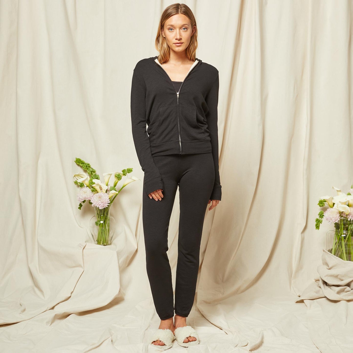 Full view of model wearing the Bridal Supersoft Zip Up Hoody in Black.