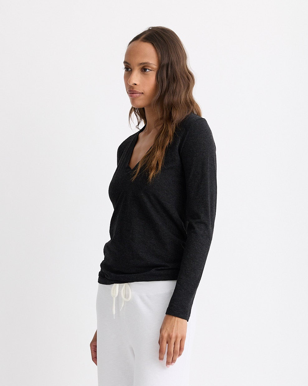 Textured Tri-Blend Fitted Long Sleeve V Neck Tee