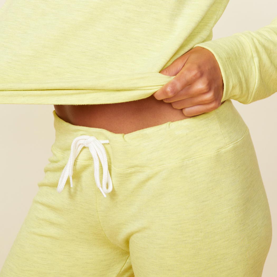 Close up view of the drawstring waist on the supersoft vintage sweats in citron.