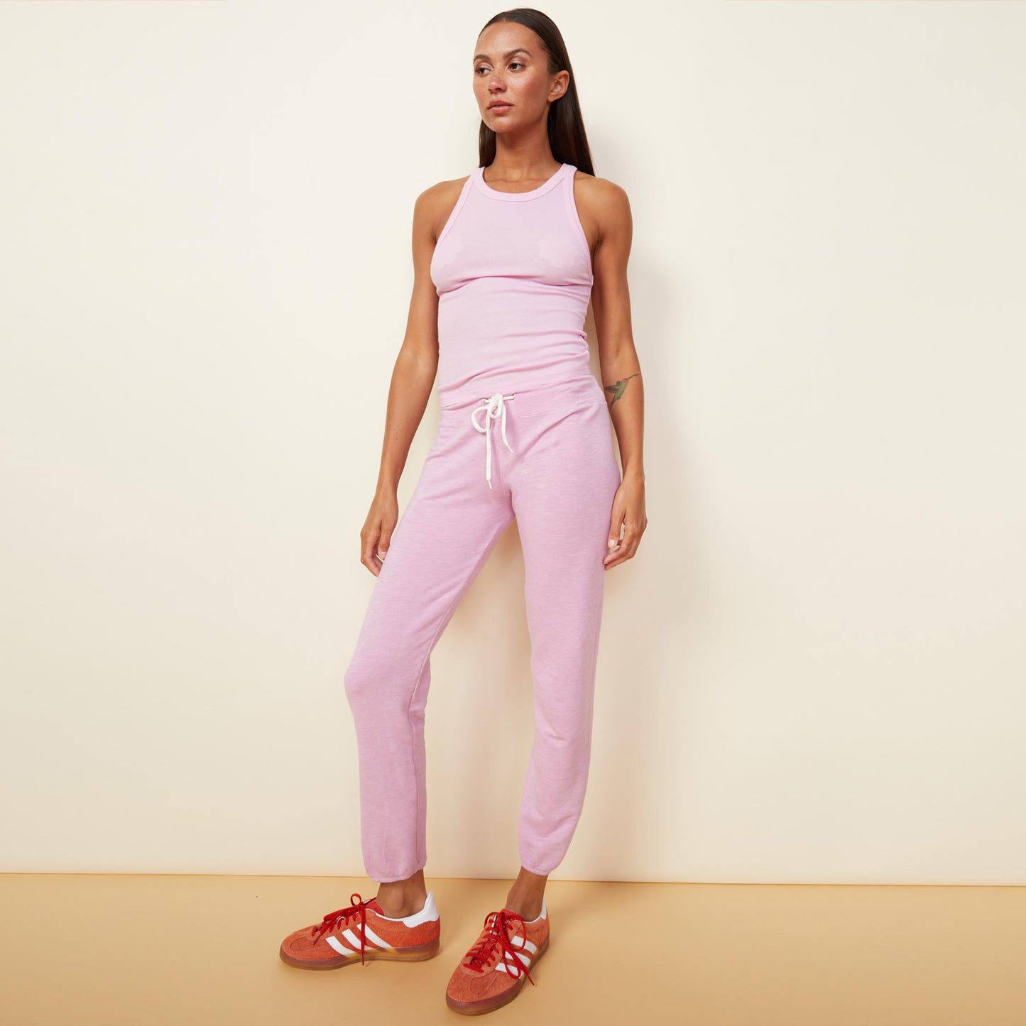 Front view of model wearing the supersoft vintage sweats in pink lavender.