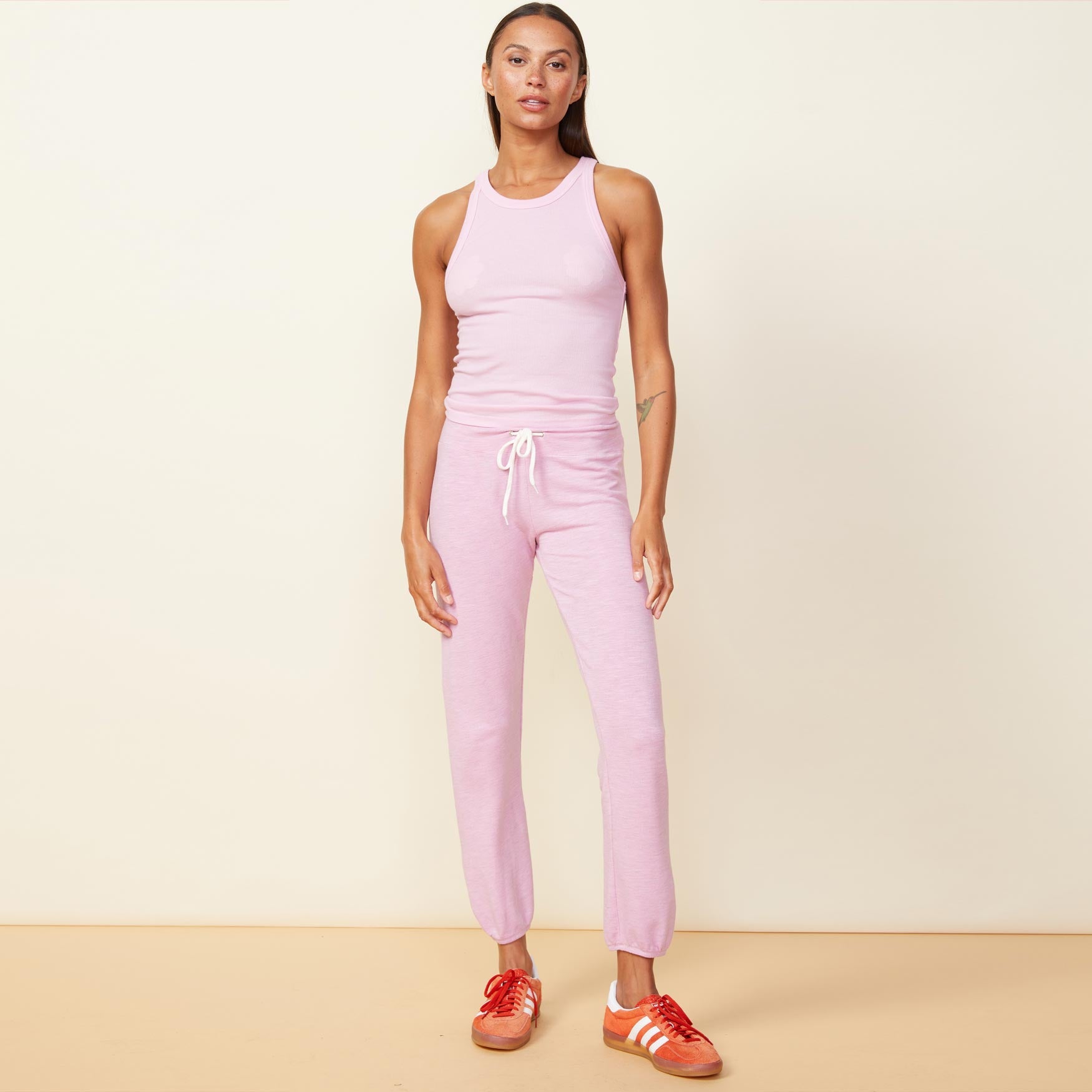 Front view of model wearing the supersoft vintage sweats in pink lavender.