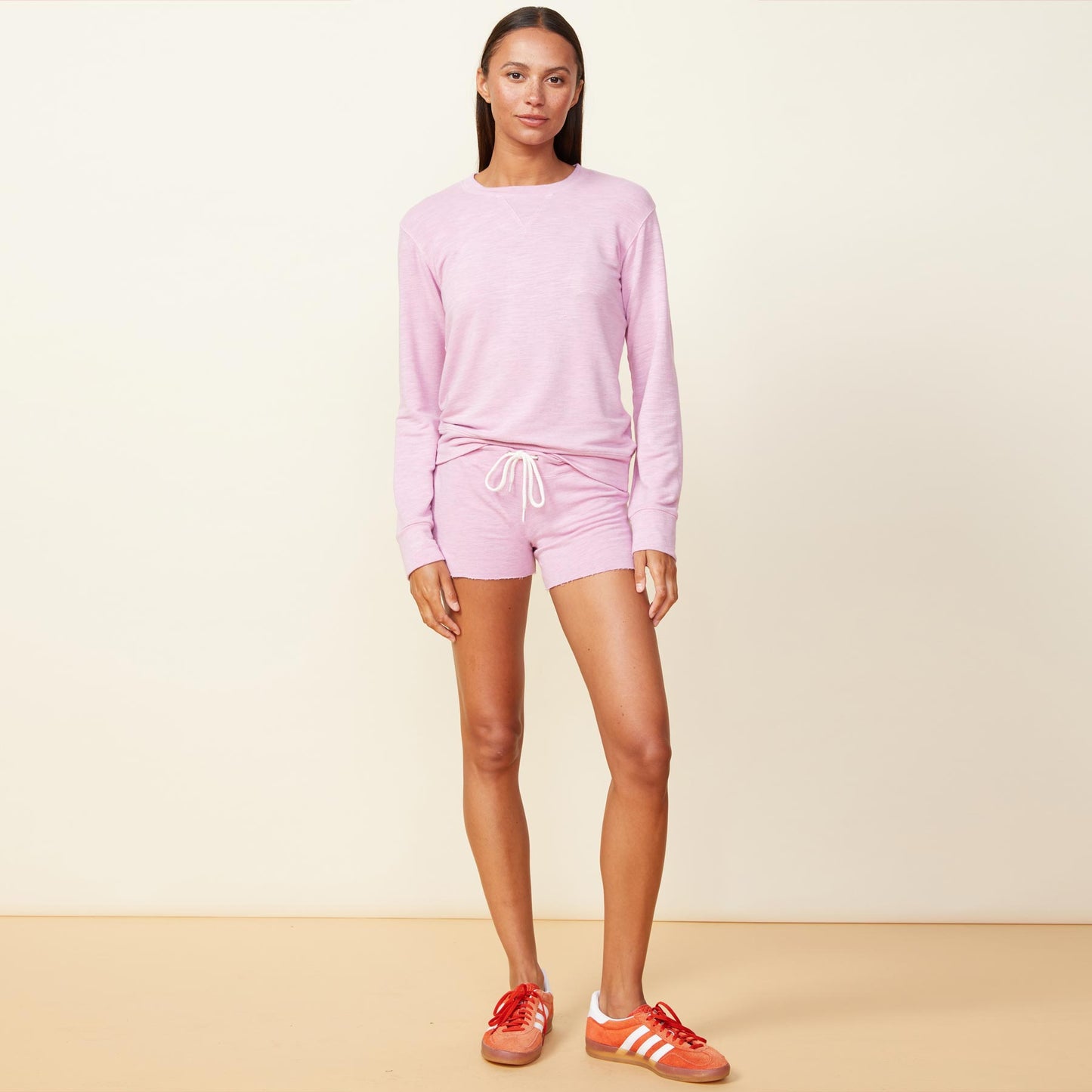 Front view of model wearing the supersoft vintage shorts in pink lavender.