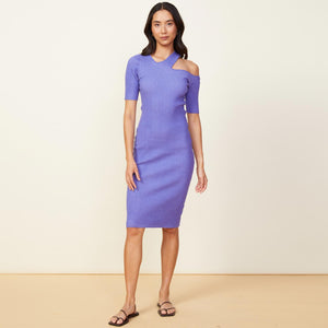 Front view of model wearing the sweater rib cut out dress in aster purple.