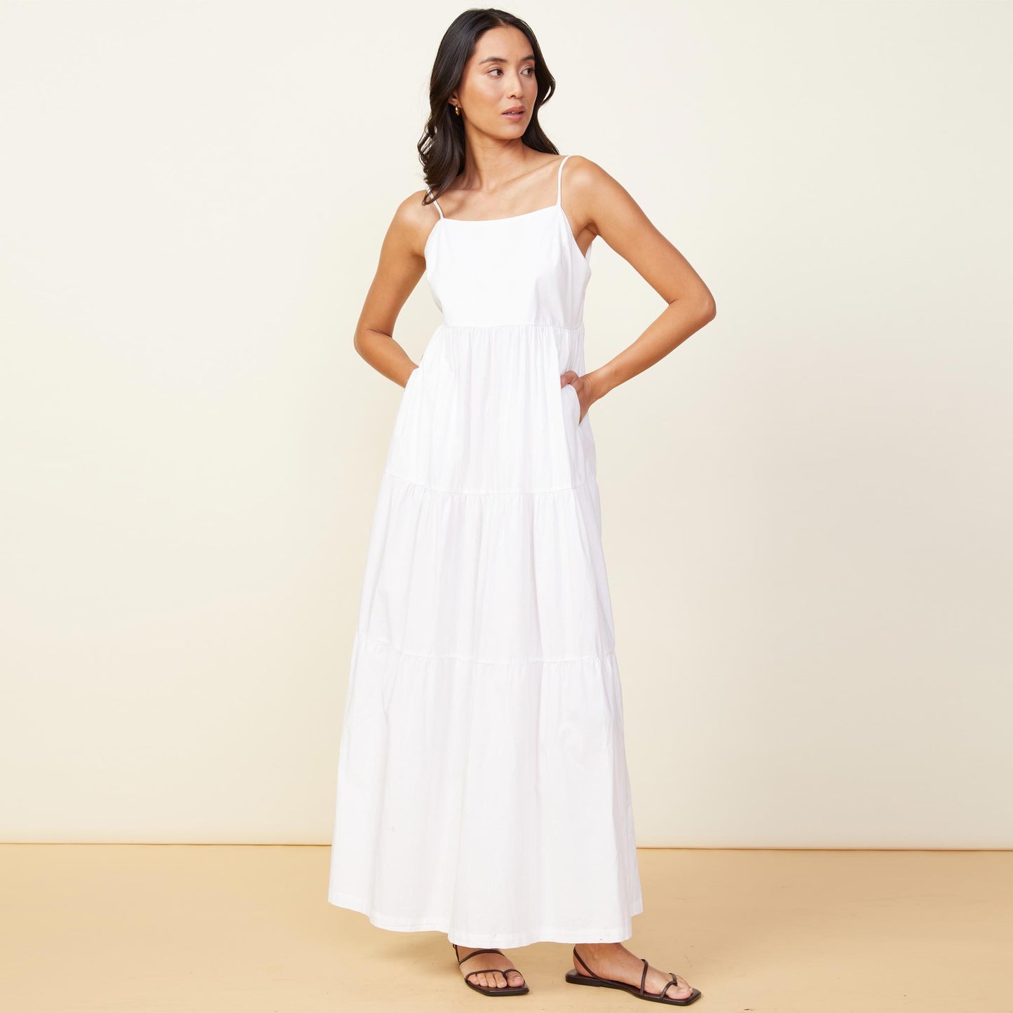 Front view of model wearing the poplin maxi dress in white.