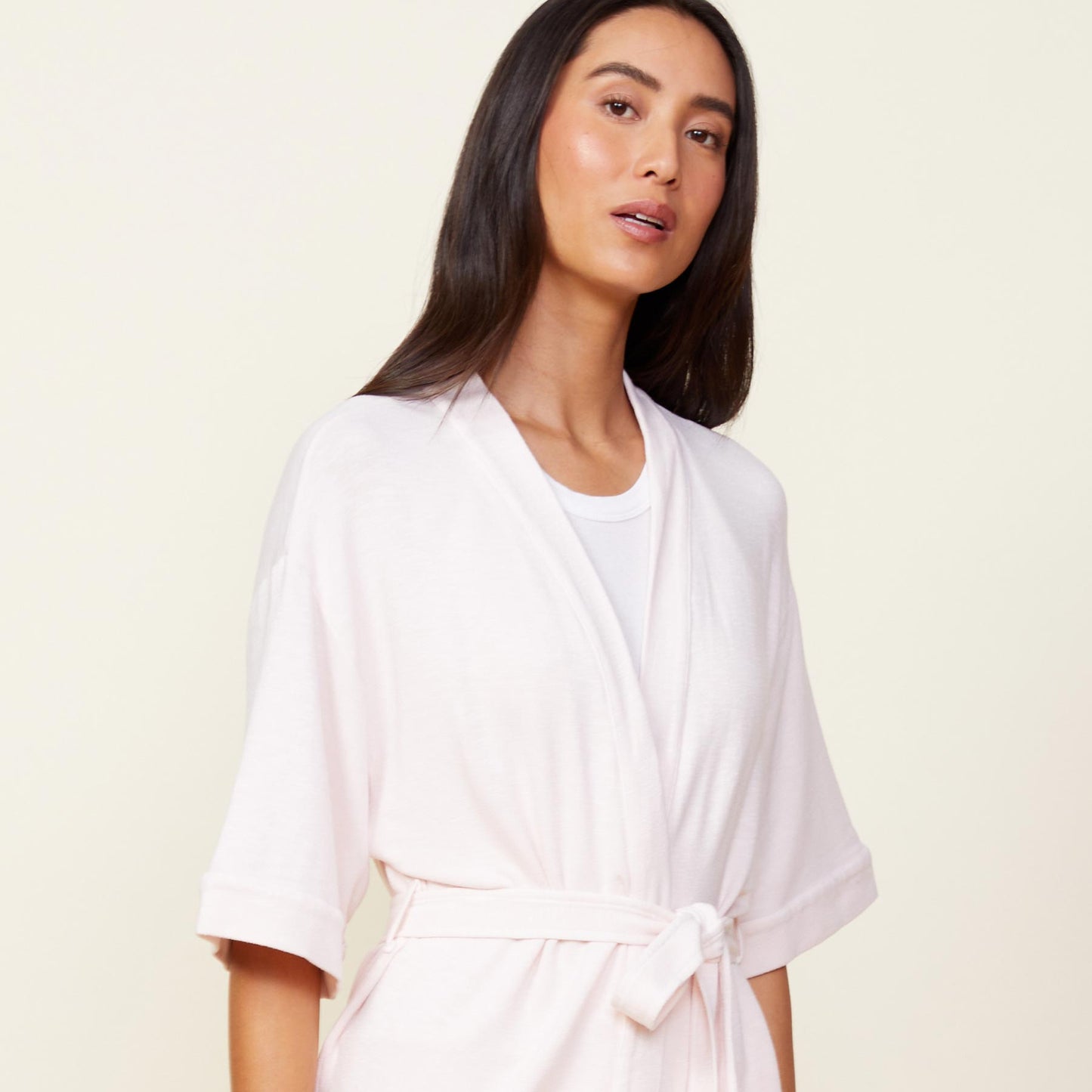Front view of model wearing the supersoft robe in peony.
