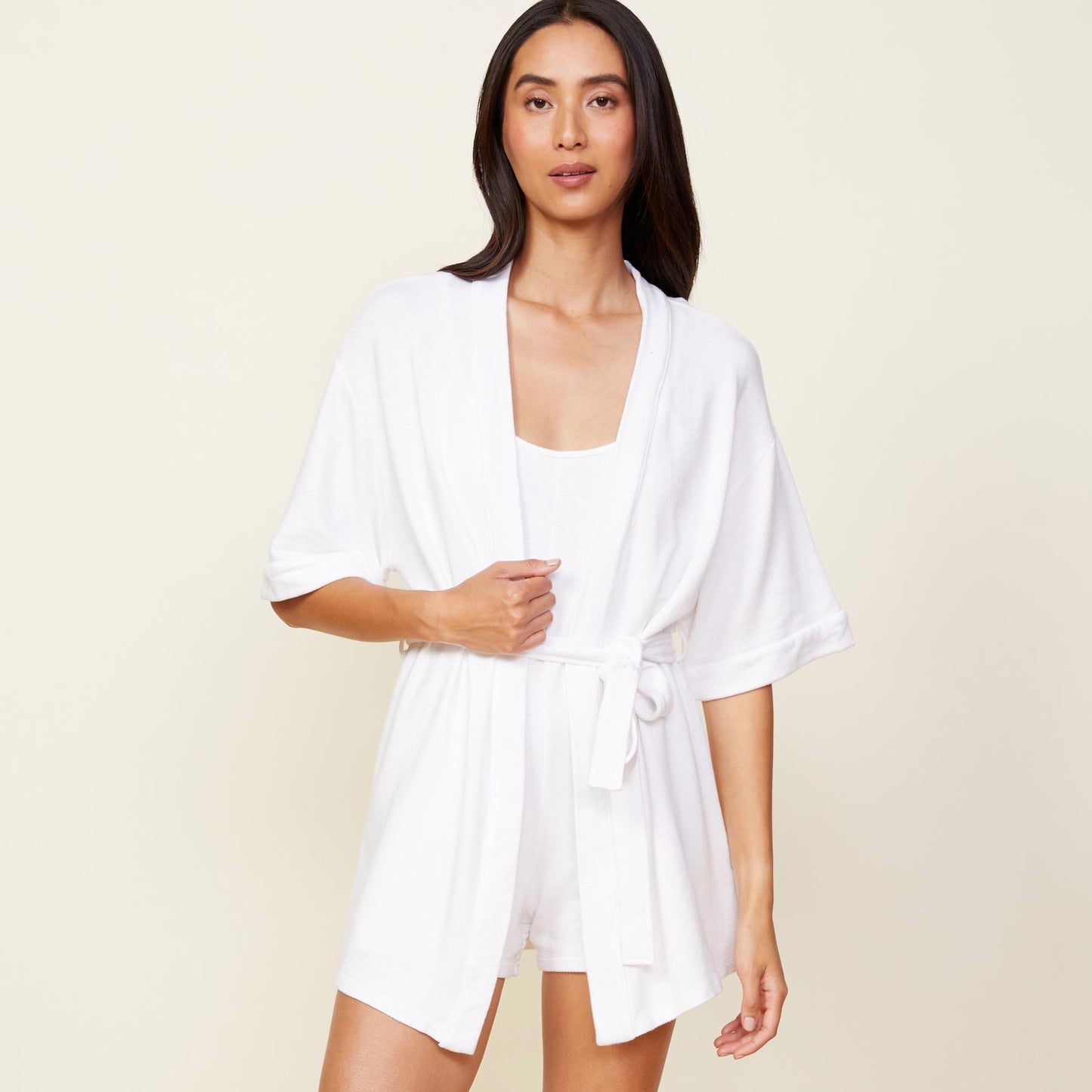 Front view of model wearing the supersoft robe in white.