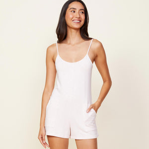 Front view of model wearing the supersoft easy romper in peony.