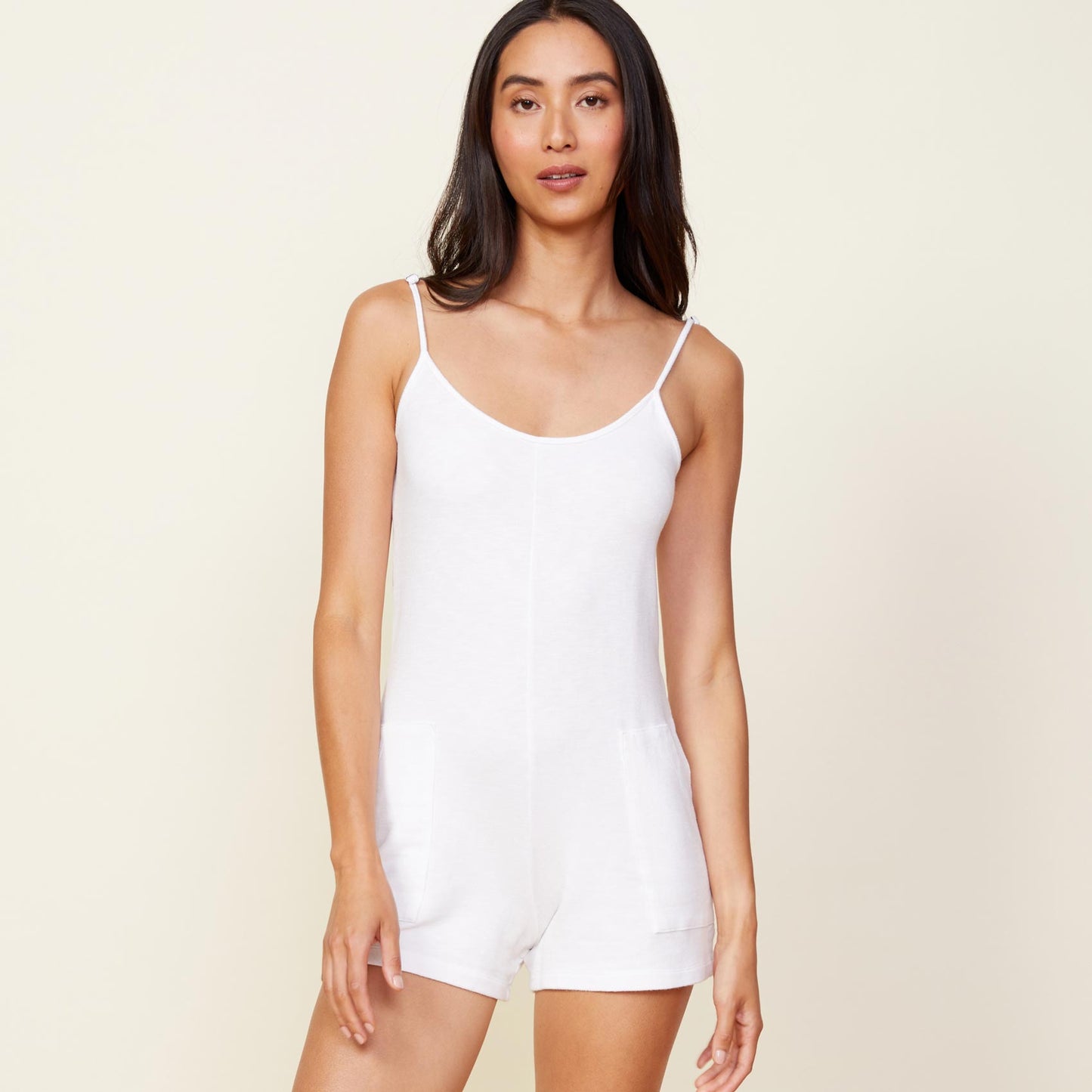 Front view of model wearing the supersoft easy romper in white.