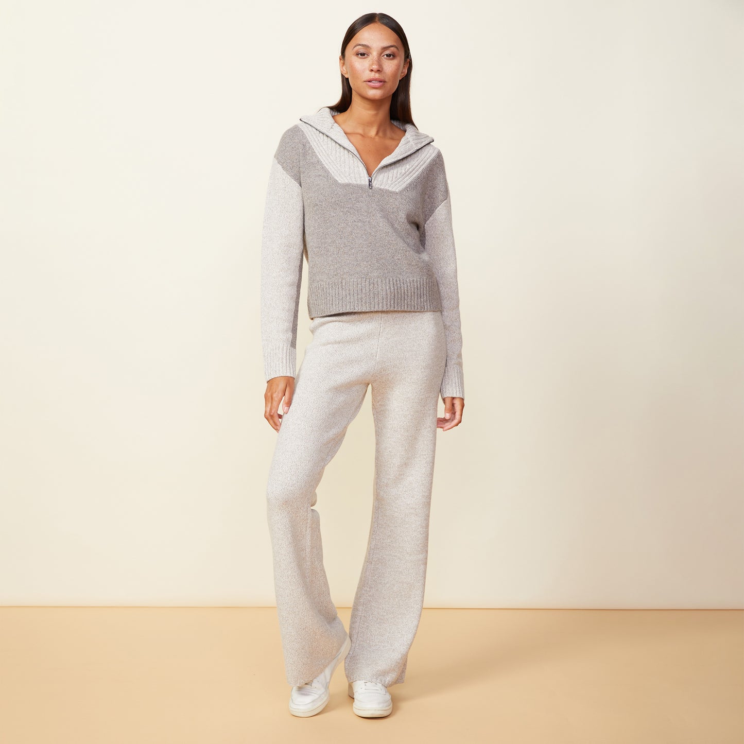 Wool Cashmere Marled Colorblock Half Zip Sweater