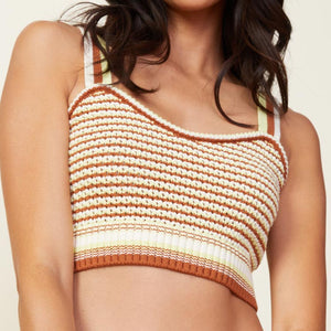 Front view of model wearing the crochet sweater mini tank in off white/lime/coconut.