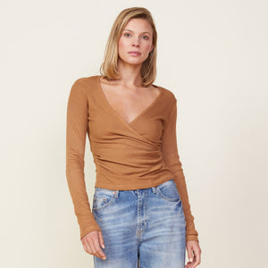 Rib Long Sleeve Wrap Top