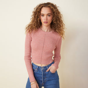Front view of model wearing the marled sweater long sleeve top in nest.