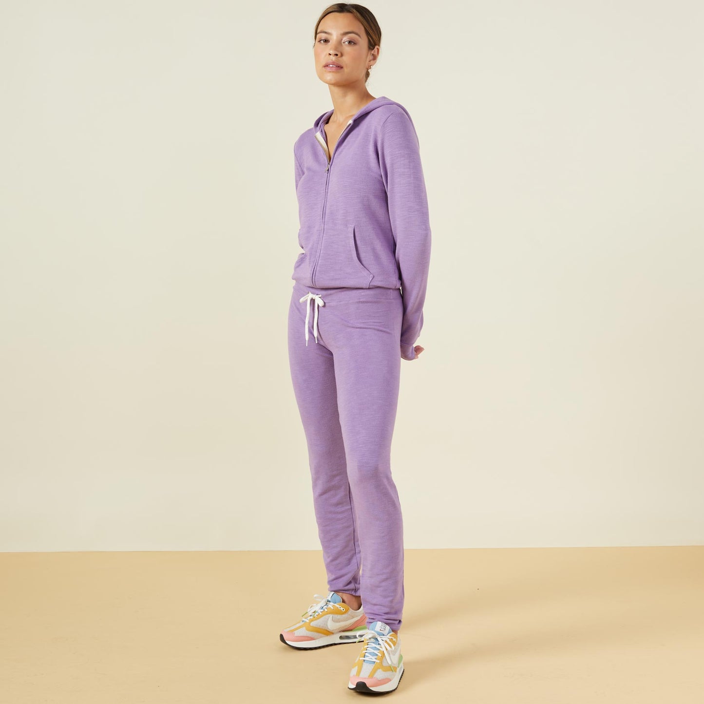 Front view of model wearing the supersoft vintage sweats in aster purple.