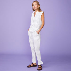 Full View of model wearing the Pinstripe Gauze Pants in White