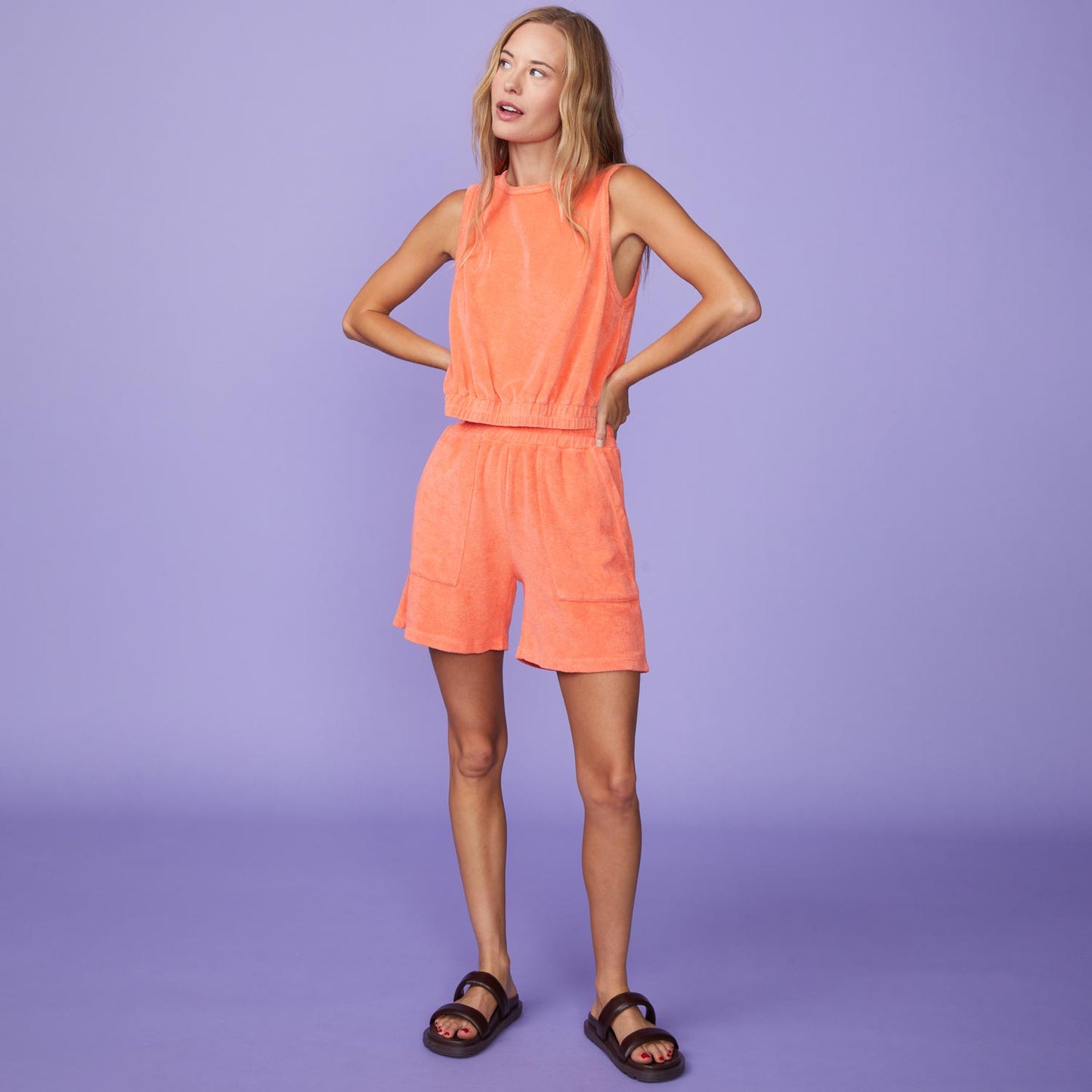 Full View of model wearing the Terry Cloth Tank in Georgia Peach.