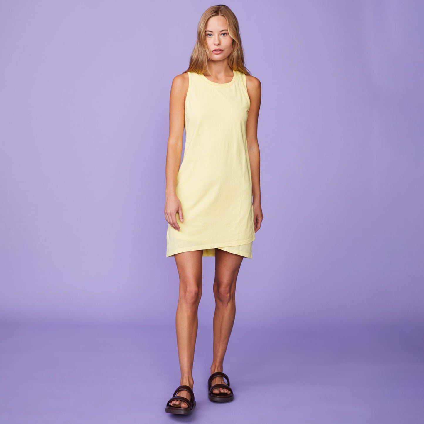 Front View of model wearing the Double Layer Racer Tank Dress in Lemon