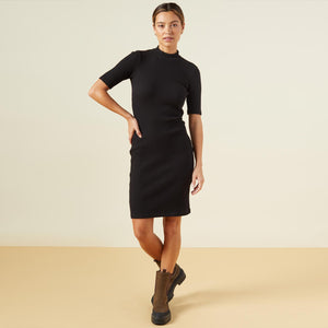 Front view of model wearing the brushed rib mock neck dress in black.