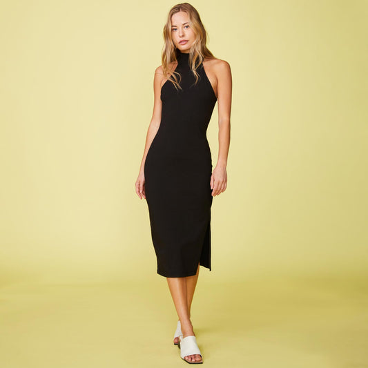 Full View of model wearing the Mock Halter Dress in Black