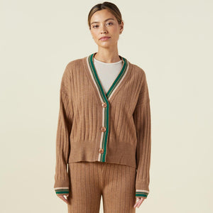 Front view of model wearing the sweater rib oversized cardigan in camel.