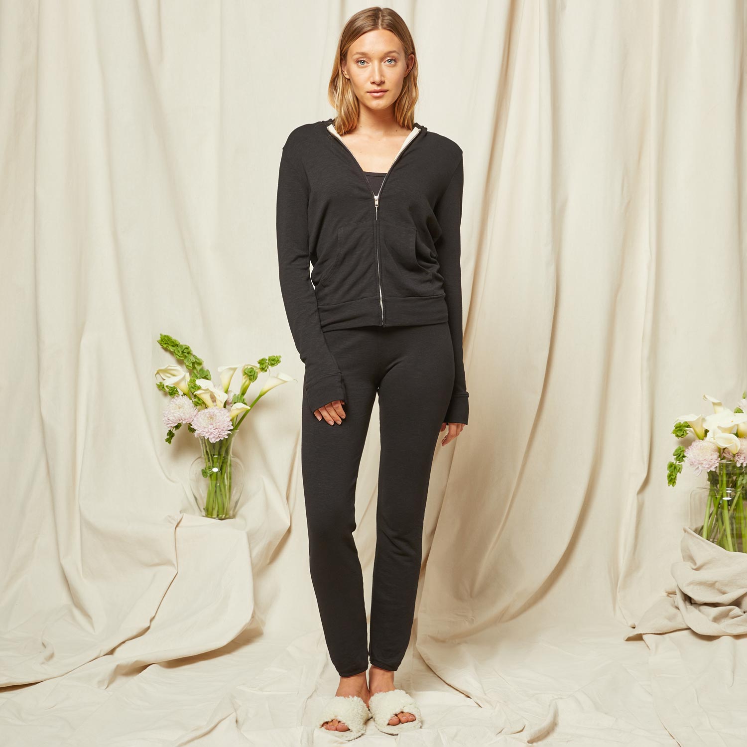 Full view of model wearing the Bridal Supersoft Zip Up Hoody in Black.