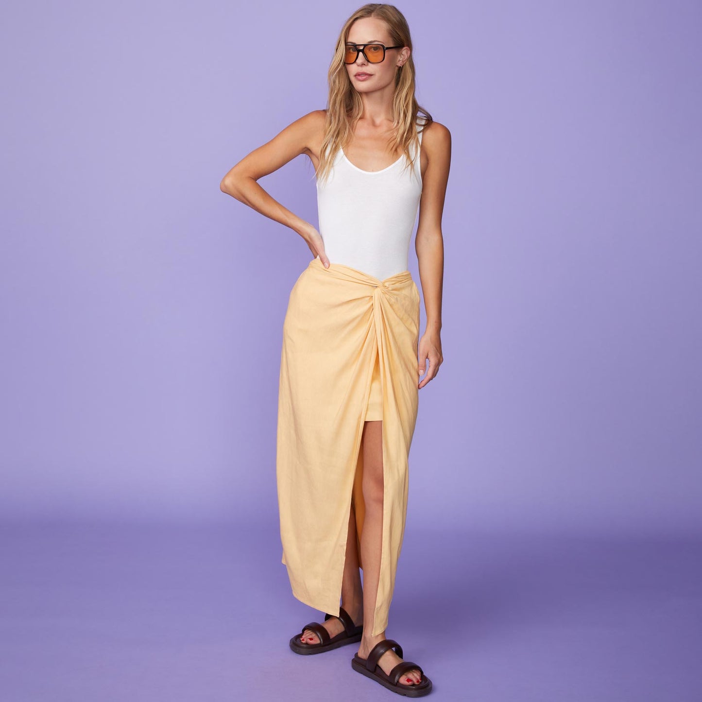 Full View of model wearing the Linen Sarong Skirt in Sand