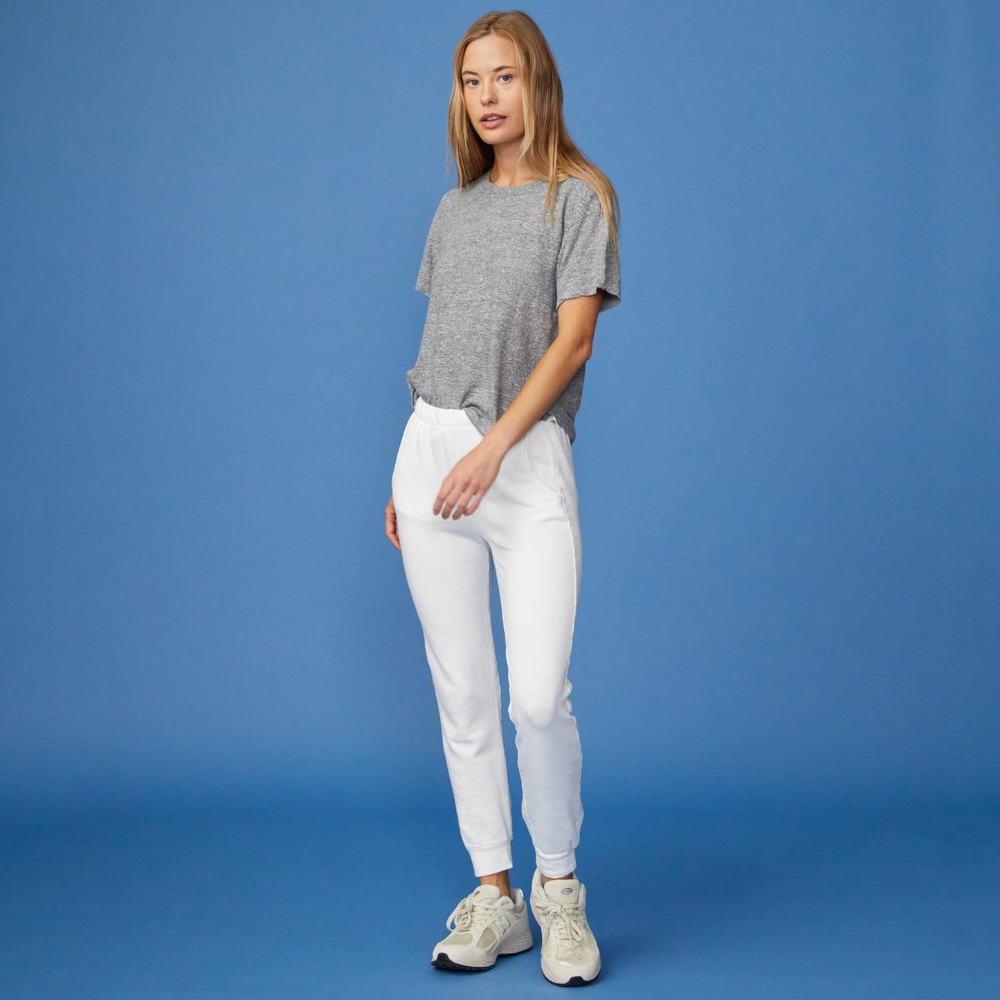 Full View of model wearing the Supersoft Fleece Jogger in White