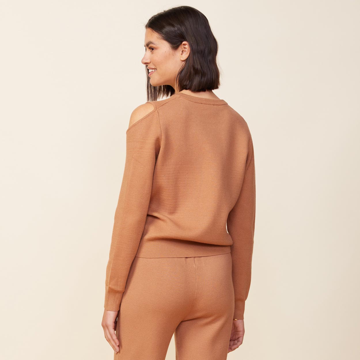 Back view of model wearing the supersoft sweater knit cut out sweatshirt in doe.