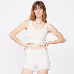 Front view of model wearing the plush sweater tank in chalk.