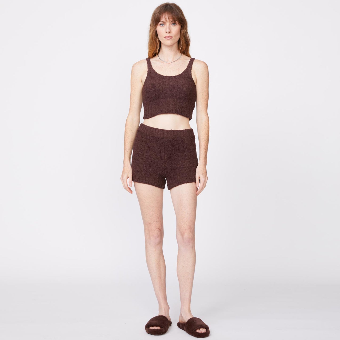 Front view of model wearing the plush sweater tank in cocoa.