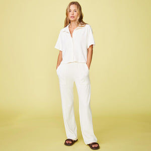 Full View of model wearing the Terry Cloth Patch Pocket Pant in Pearl