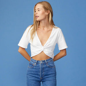 Front View of model wearing the Front Twist Top in White