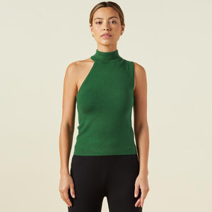 Front view of model wearing the supersoft sweater knit asymmetric mock neck tank in dark ivy.