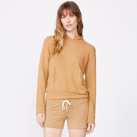 Front view of model wearing the supersoft pullover hoody in latte.